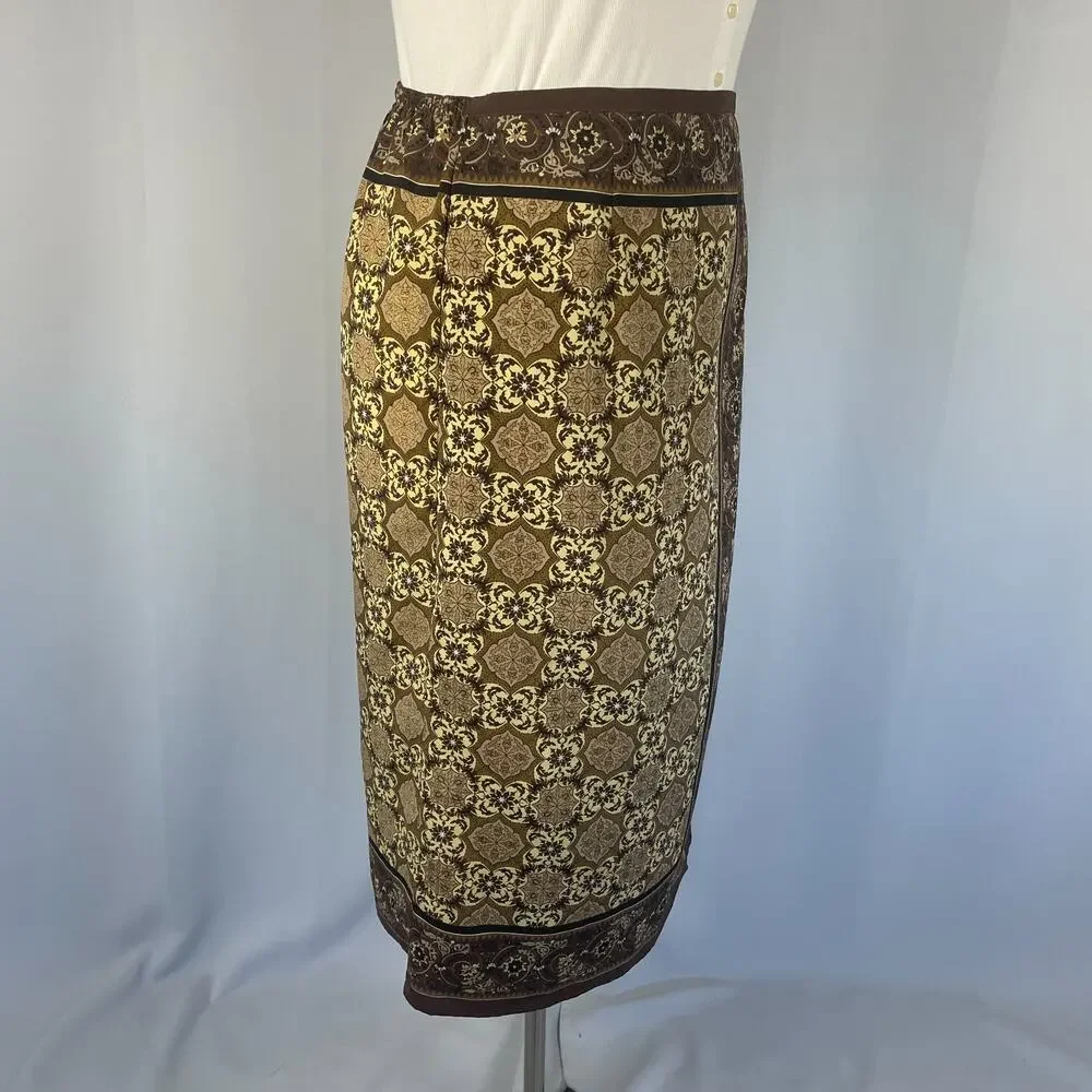 Y2K Midi Skirt Size 14 Brown Medallion Scarf Print Faux Wrap Column Boho Vtg 90s